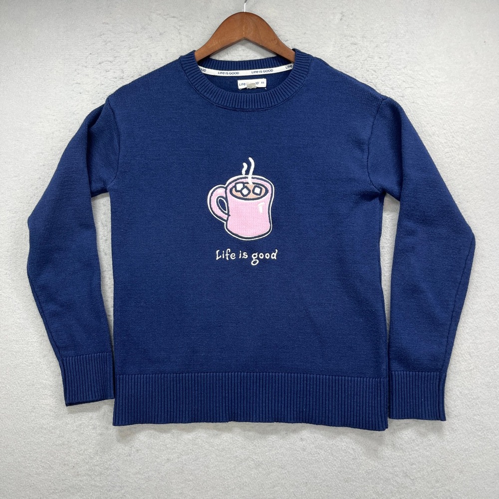 Life is Good Sweater Womens XS Hot Cocoa Navy Blue Warm Cozy Knit Pullover